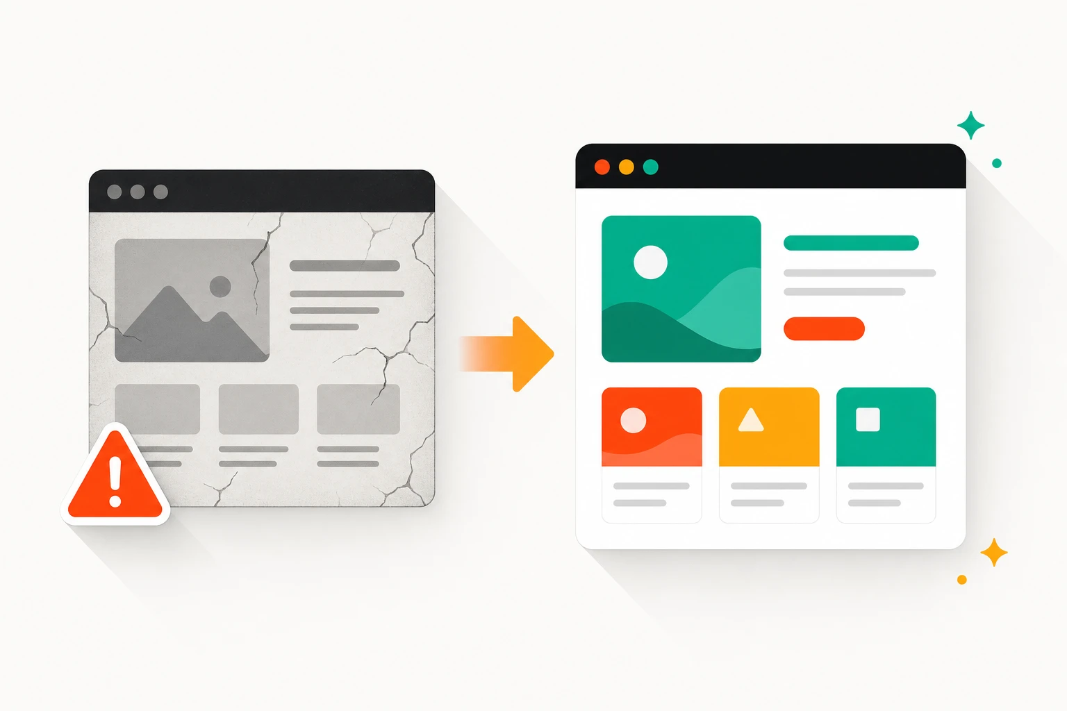 Illustration of a website redesign, an old cracked browser transforming into a fresh modern one