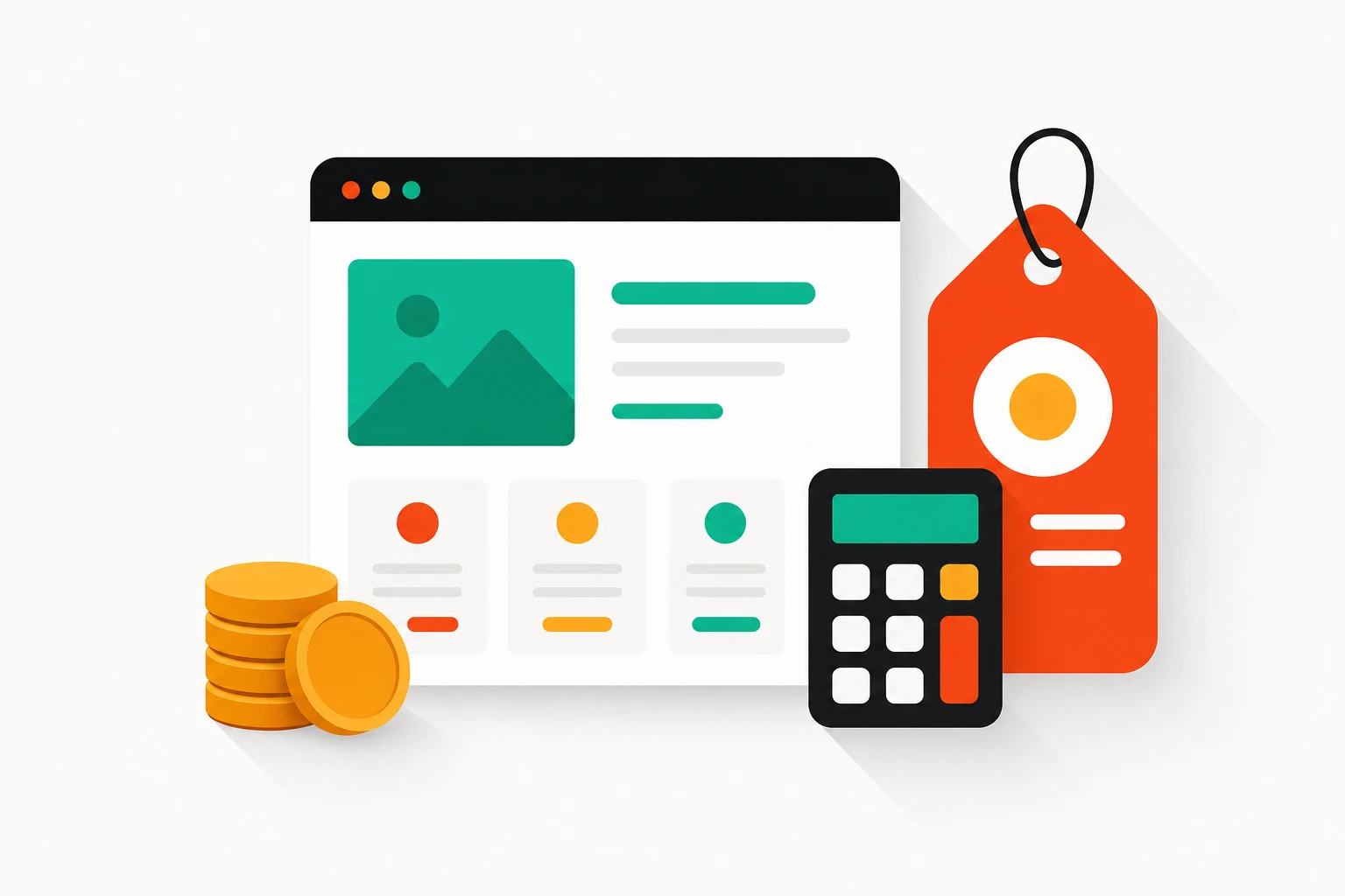 Illustration of website pricing with a browser window, price tag, coins, and a calculator