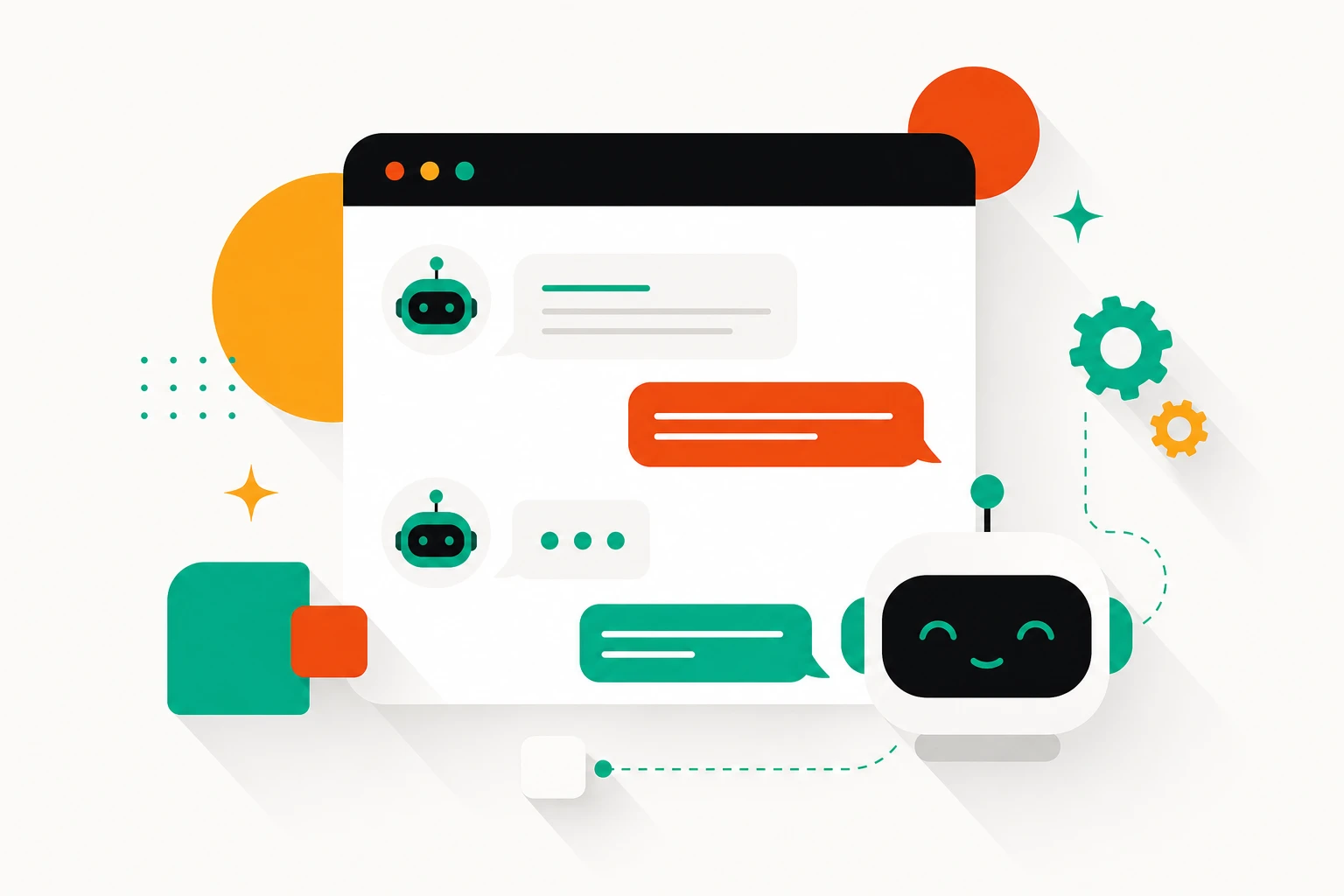 Illustration of an AI chat interface with speech bubbles and automation icons