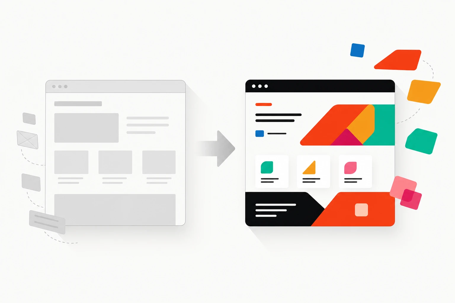 Illustration of a dull grey wireframe transforming into a vibrant modern layout