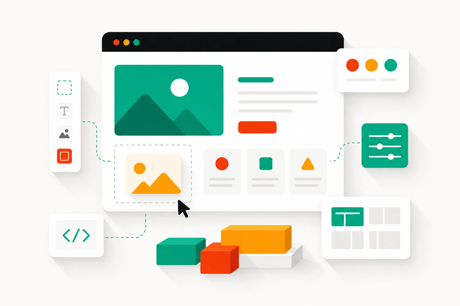 Illustration of a custom website being assembled from UI components
